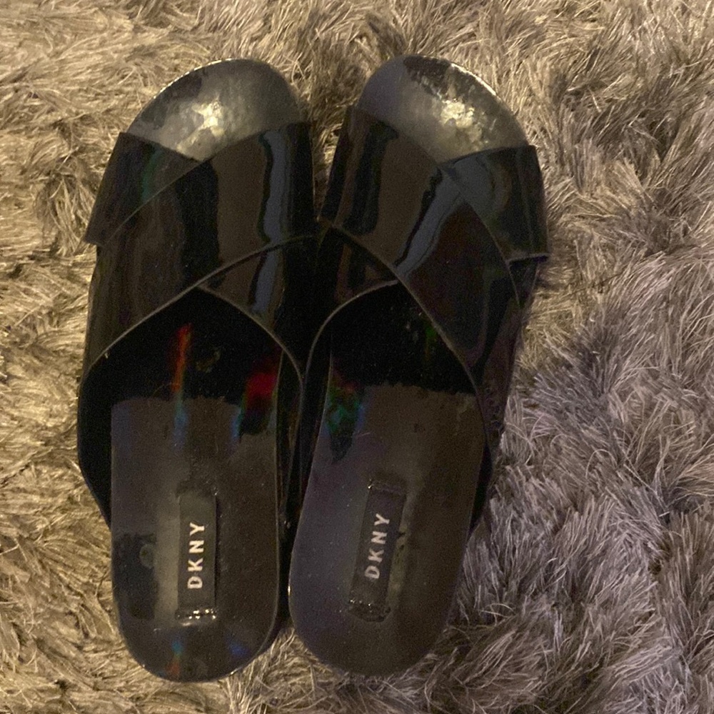 DKNY black patent cross sandals